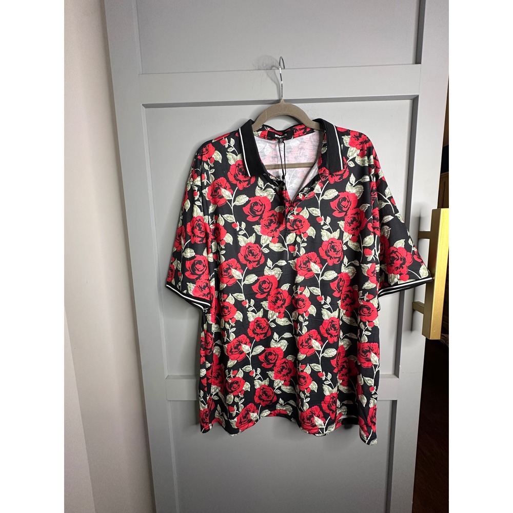 Fashion Nova Men Rose Garden Polo Shirt Black Red Floral SB754 3XL NEW